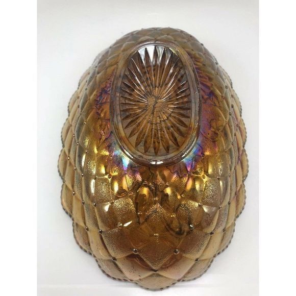 Imperial Pansy Marigold Carnival Glass Dish 8.5" Bowl Quilt Amber‎ Scallop Edge - Picture 8 of 12